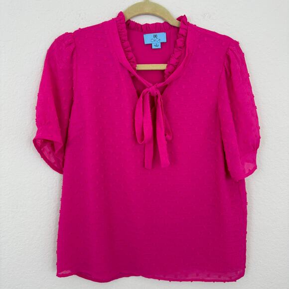 Cece Women's Swiss Dot Tie Ruffle Blouse Top Bright Pink Size S - Picture 1 of 6